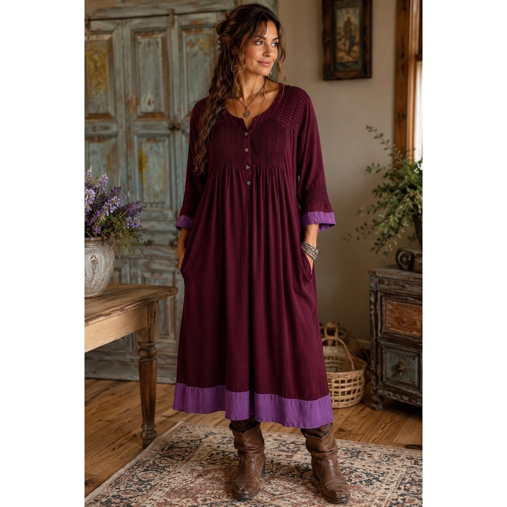 April Cornell Dress M Burgundy Purple Rayon Pintuck Boho Cottagecore Midi